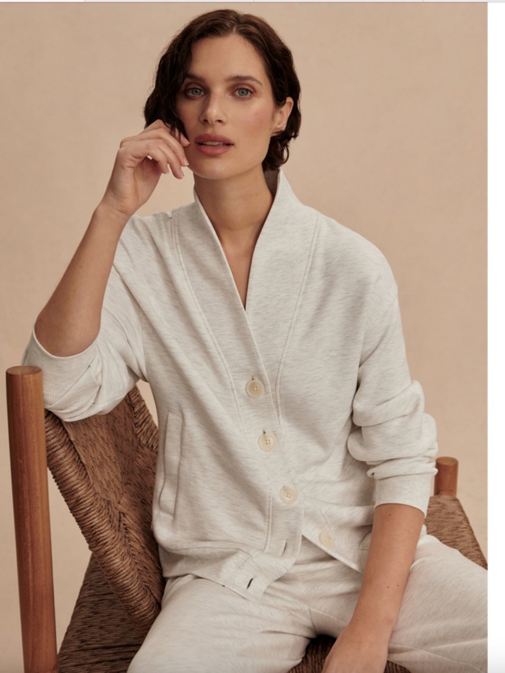 Varley Doublesoft Celeste Button Through Sweat Sweater, Marled Ivory Gray Sz XS